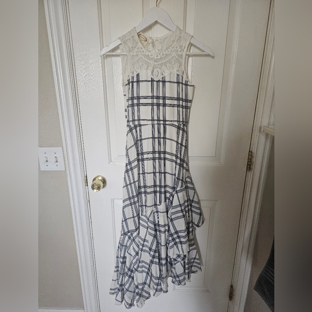White and Blue Plaid Dress with Lace Detail